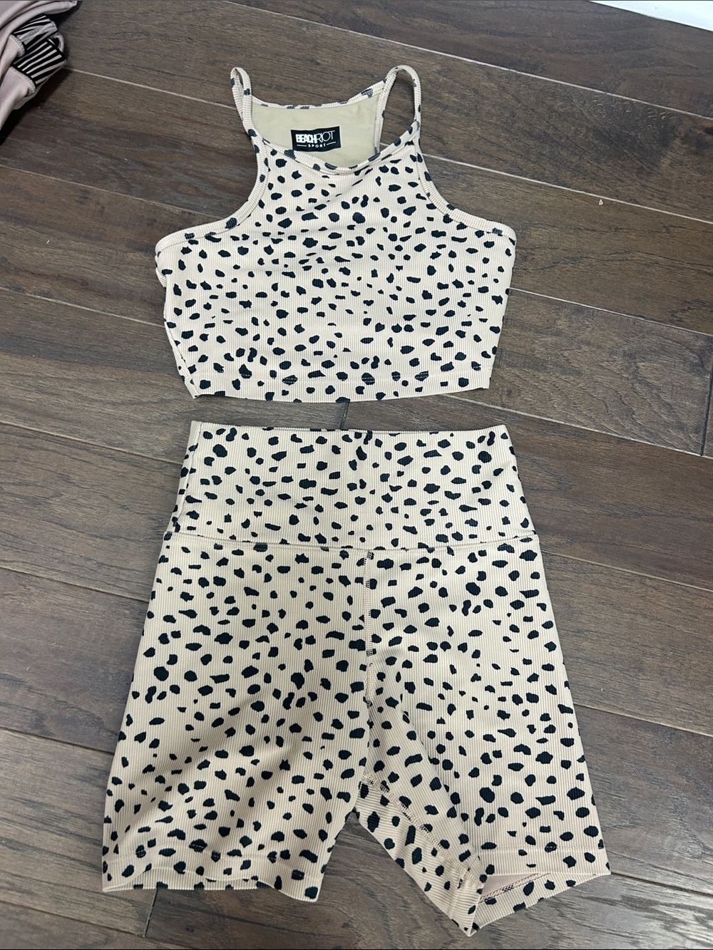 Beach Riot Beige & Black Spotted Ribbed Crop Top and High-Waist Bike Shorts
